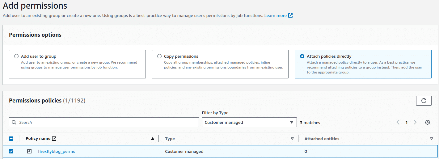 Dialogue to attach the permission policy to a user