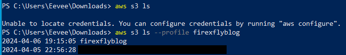PowerShell window showing how to list S3 buckets with the AWS CLI