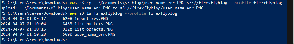 PowerShell window showing how to upload objects to an S3 bucket with the AWS CLI